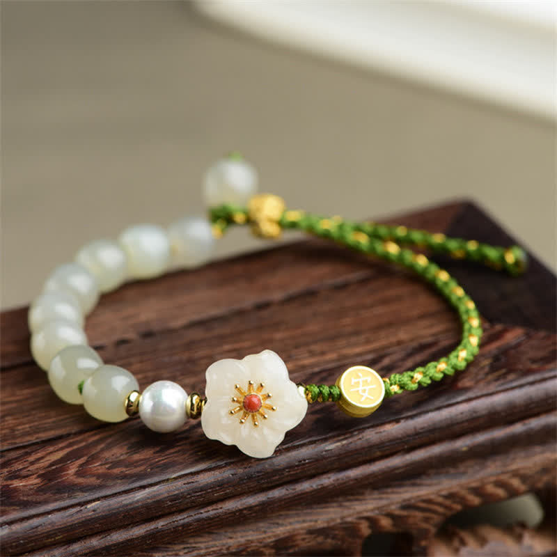 Fortune Jewel 925 Sterling Silver Natural Hetian Jade Peach Blossom Luck Bracelet