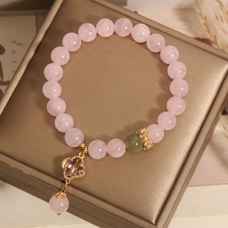 Fortune Jewel Natural Pink Crystal Four Leaf Clover Soothing Bracelet