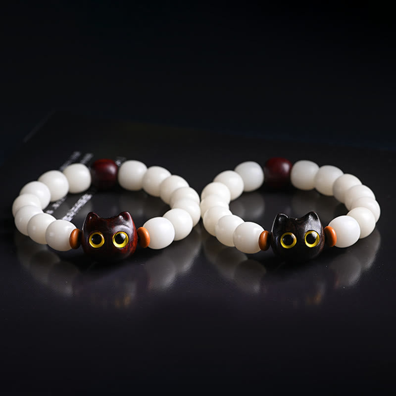 Fortune Jewel Natural Bodhi Seed Small Leaf Red Sandalwood Ebony Wood Cute Lucky Cat Wisdom Bracelet