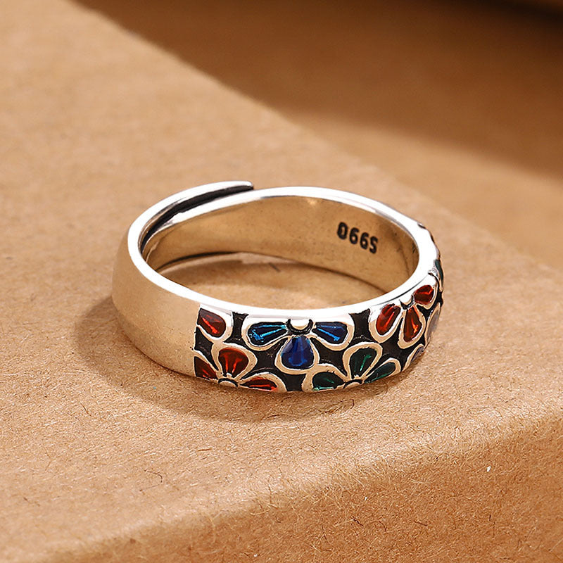 Fortune Jewel Colorful Plum Blossoms Design Healing Copper Adjustable Ring