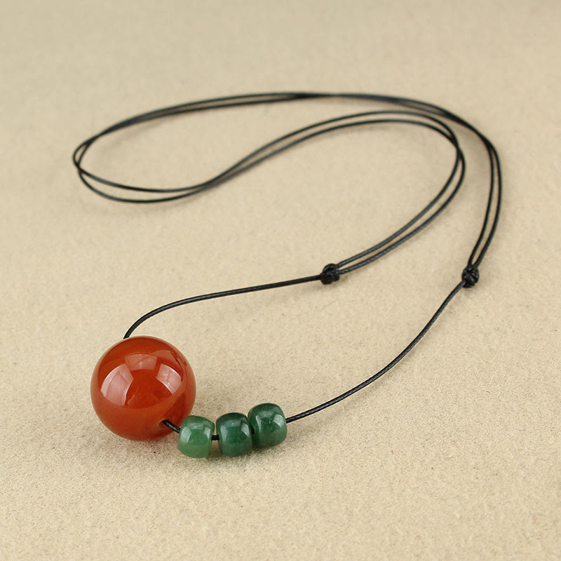 Fortune Jewel Red Agate Green Aventurine Green Bodhi Seed Bead Calm Leather Rope Necklace Pendant