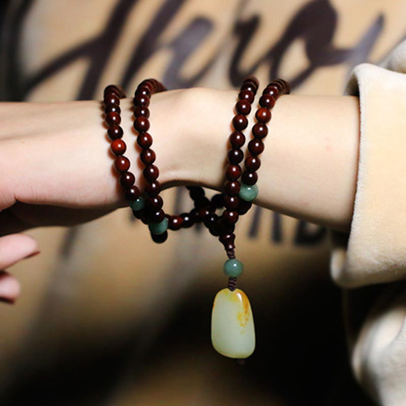 Fortune Jewel Tibetan Small Leaf Red Sandalwood Jade Mala Meditation Bracelet