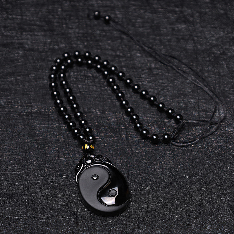Fortune Jewel Natural Black Obsidian Yin Yang Fulfilment Strength Necklace Pendant