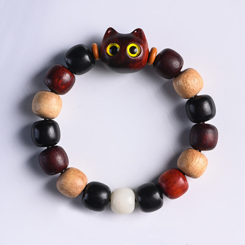 Fortune Jewel Small Leaf Red Sandalwood Ebony Wood Cute Cat Engraved Protection Bracelet