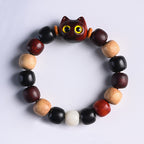 Fortune Jewel Small Leaf Red Sandalwood Ebony Wood Cute Cat Engraved Protection Bracelet