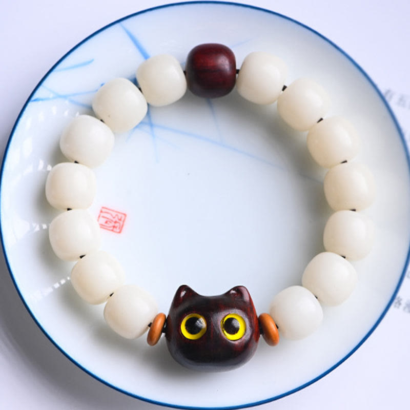 Fortune Jewel Natural Bodhi Seed Small Leaf Red Sandalwood Ebony Wood Cute Lucky Cat Wisdom Bracelet