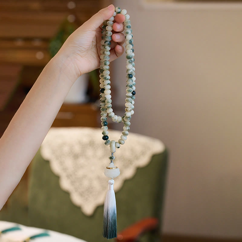 Fortune Jewel Natural 108 Mala Beads Bodhi Seed Lotus Engraved Wisdom Tassel Bracelet Fortune Jewel