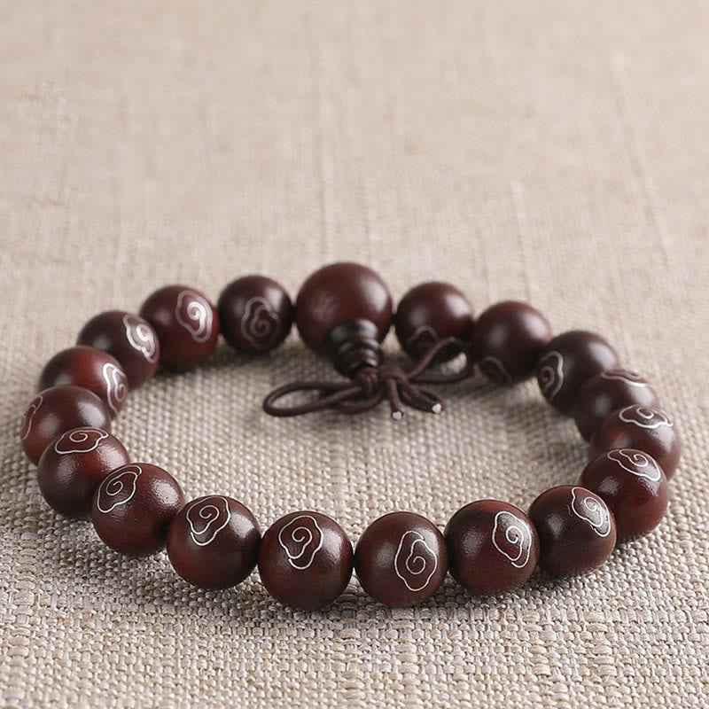 Fortune Jewel 925 Sterling Silver Inlaid Small Leaf Red Sandalwood Om Mani Padme Hum Character Auspicious Clouds Protection Bracelet
