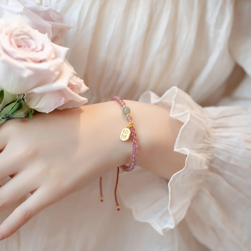 Fortune Jewel Natural Strawberry Quartz Garnet Jade Lucky Fortune Fu Character Healing Charm Bracelet