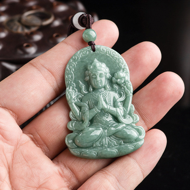 Fortune Jewel Four-armed Avalokitesvara Natural Jade Amulet Blessing String Necklace Fortune Jewel