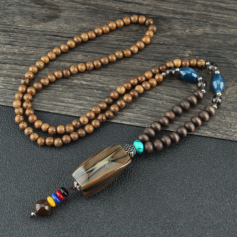 Fortune Jewel Tibetan Wenge Wood Bodhi Seed Agate Balance Peace Necklace Pendant