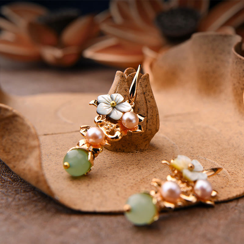 Fortune Jewel 14K Gold Plated Tridacna Stone Flower Pearl Green Aventurine Bead Drop Earrings