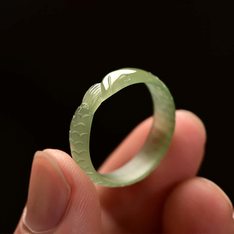 Fortune Jewel Hetian White Jade Cyan Jade Koi Fish Success Luck Ring