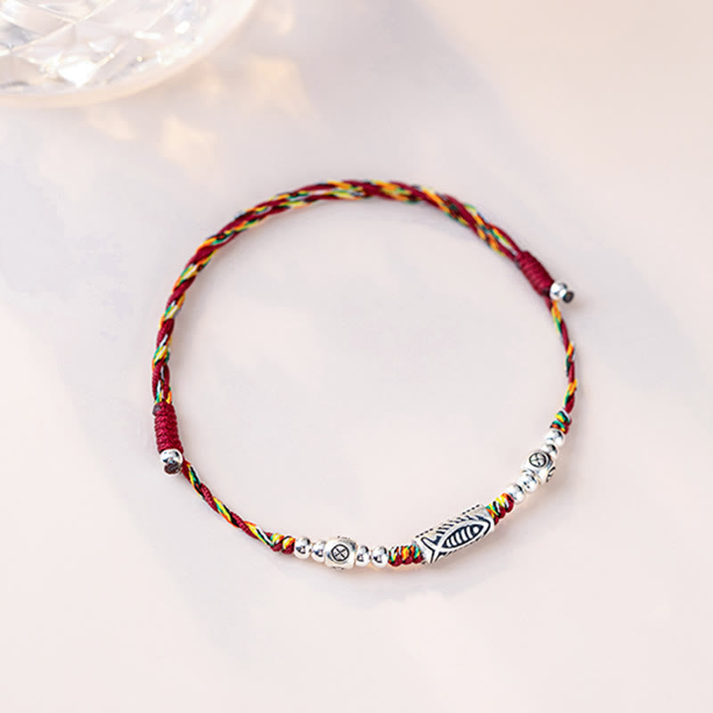 Fortune Jewel 925 Sterling Silver Luck Koi Fish Braided Colorful String Bracelet Anklet