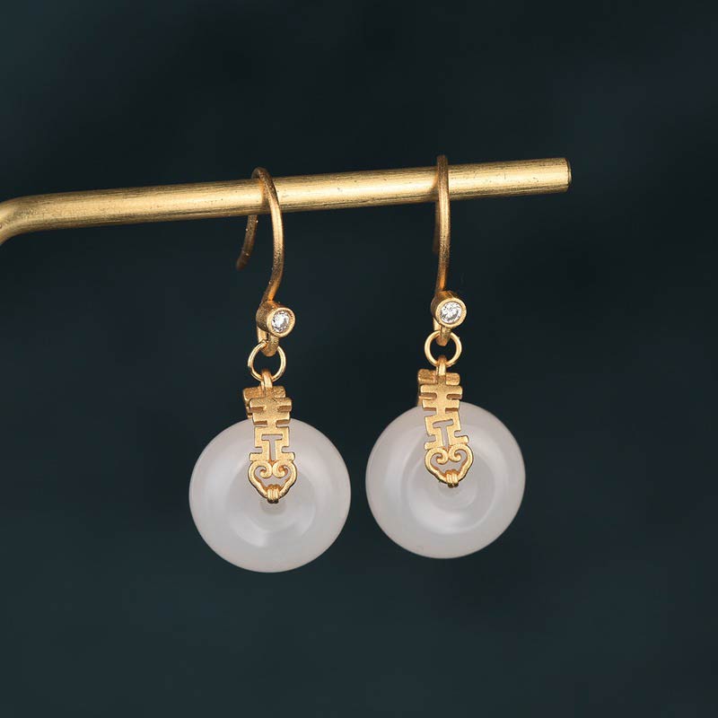 Fortune Jewel White Jade Double Happiness Fortune Earrings