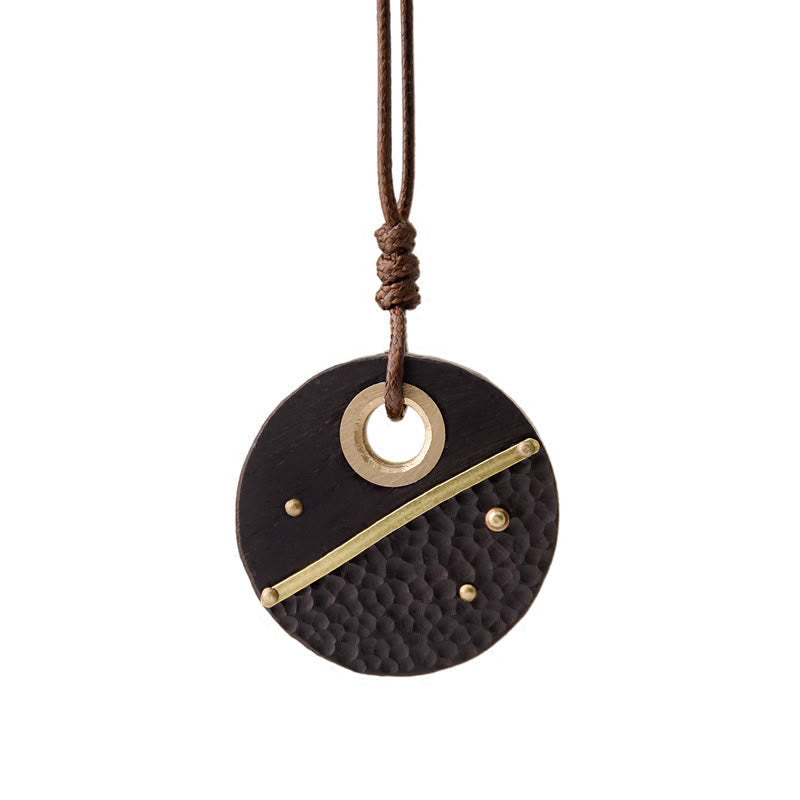 Fortune Jewel Handcrafted Round Ebony Wood Brass Copper Peace Necklace Pendant