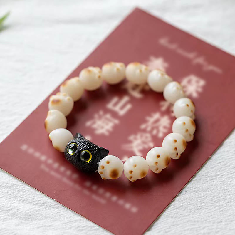 Fortune Jewel Natural Bodhi Seed Red Sandalwood Lovely Paw Lucky Cat Peace Bracelet