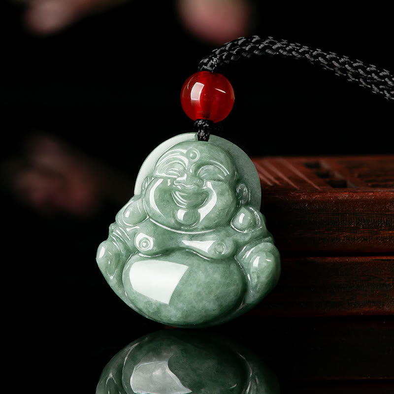 Fortune Jewel Natural Green Jade Laughing Buddha Luck Abundance Necklace Pendant Fortune Jewel