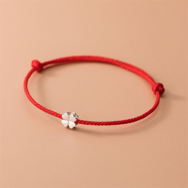 Fortune Jewel 925 Sterling Silver Four Leaf Clover Red Rope Bracelet