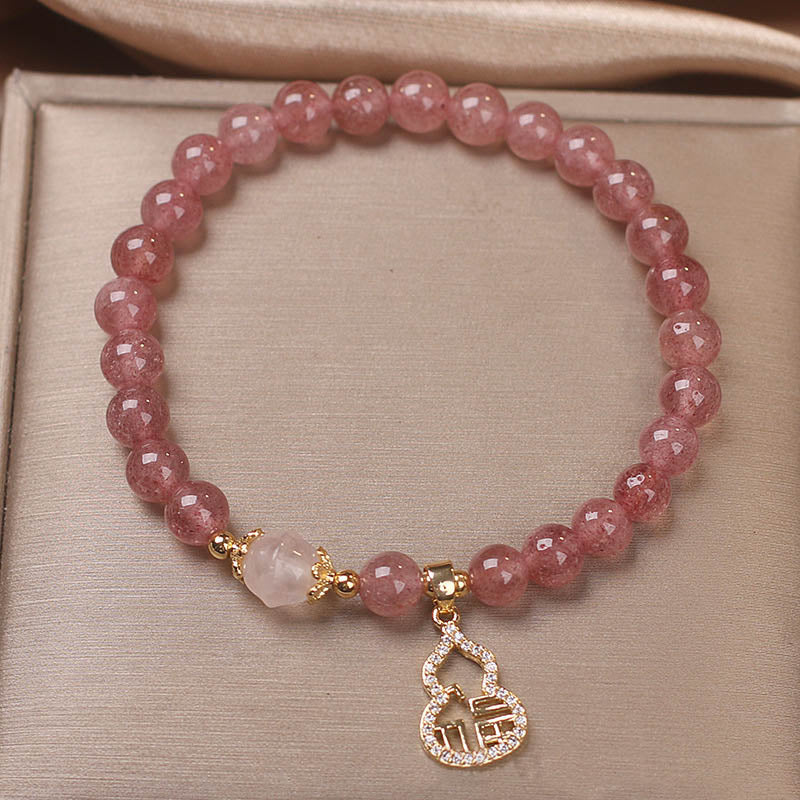 Fortune Jewel Strawberry Quartz Gourd Fu Character Charm Positive Bracelet