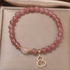 Fortune Jewel Strawberry Quartz Gourd Fu Character Charm Positive Bracelet