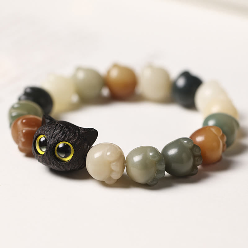Fortune Jewel Natural Bodhi Seed Lovely Paw Ebony Wood Lucky Cat Wisdom Bracelet