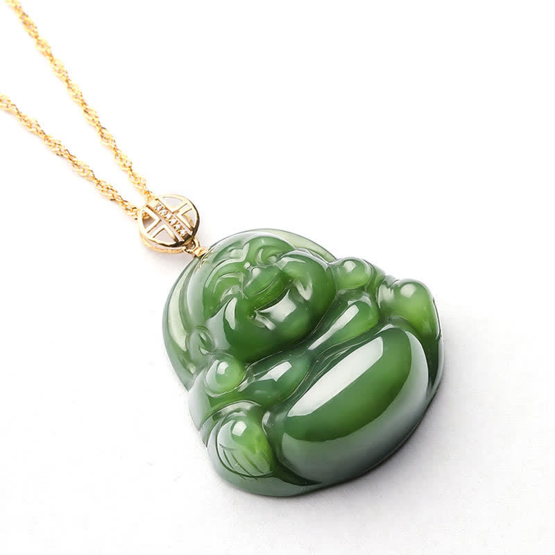 Fortune Jewel 925 Sterling Silver Laughing Buddha Hetian Cyan Jade 18K Gold Success Necklace Chain Pendant Fortune Jewel