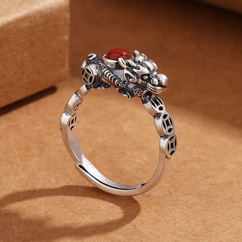Fortune Jewel PiXiu Copper Coin Red Agate Wealth Luck Ring
