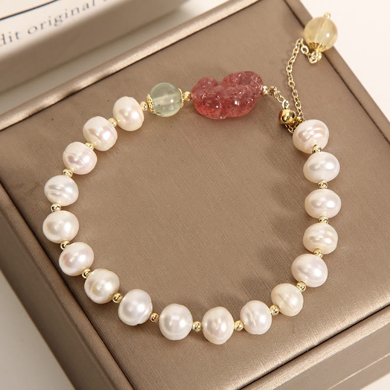 Fortune Jewel Natural Pearl Strawberry Quartz PiXiu Optimism Charm Bracelet