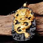 Fortune Jewel 18k Gold-plated Dragon Obsidian Lucky Pendant Necklace