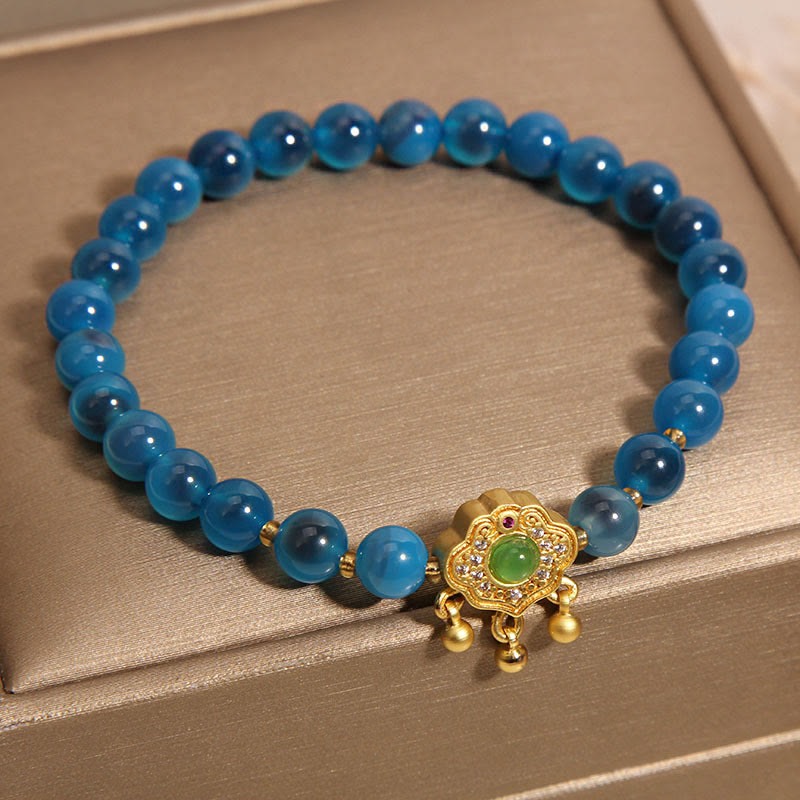 Fortune Jewel Blue Candy Agate Chinese Lock Charm Healing Bracelet