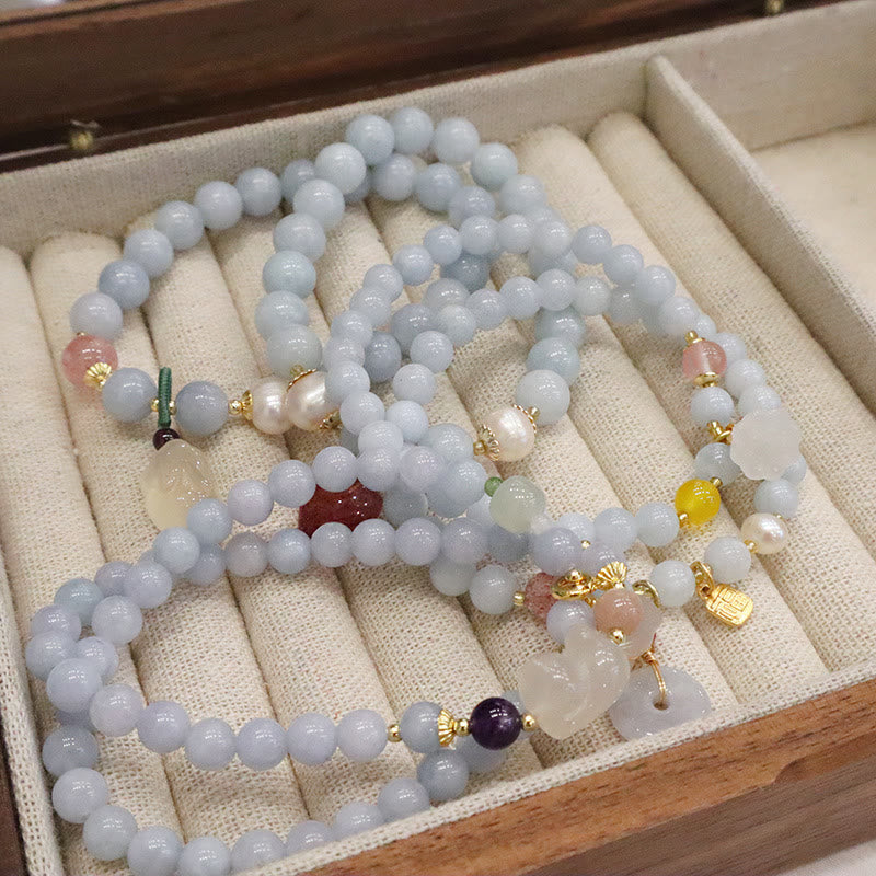 Fortune Jewel Natural Aquamarine Chalcedony Serenity Rabbit Gourd Cat Charm Bracelet
