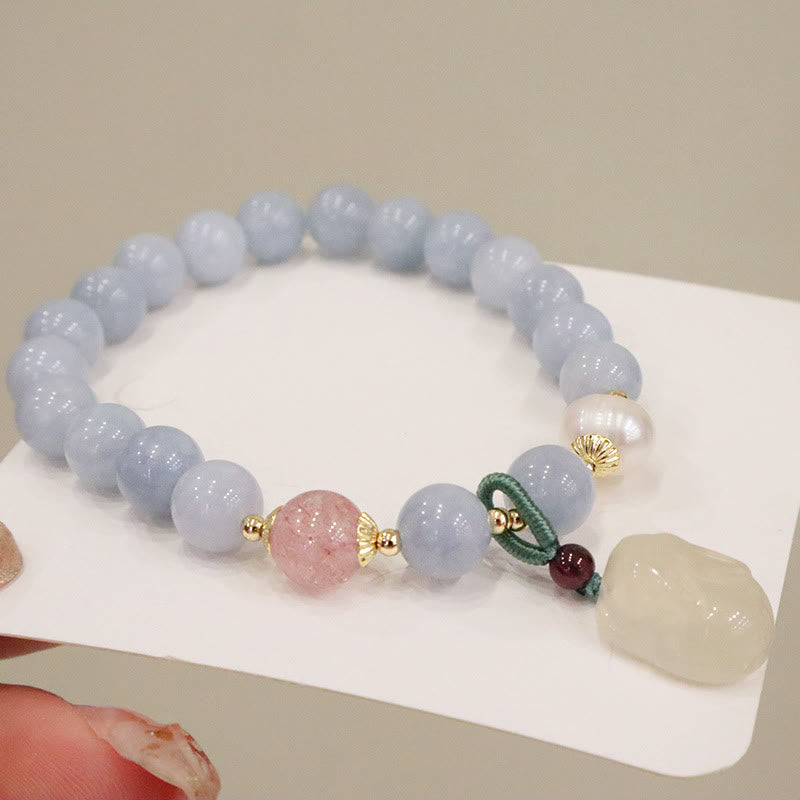 Fortune Jewel Natural Aquamarine Chalcedony Serenity Rabbit Gourd Cat Charm Bracelet