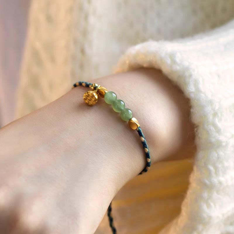Fortune Jewel Handcrafted Hetian Jade Lotus Charm Luck Braided Bracelet