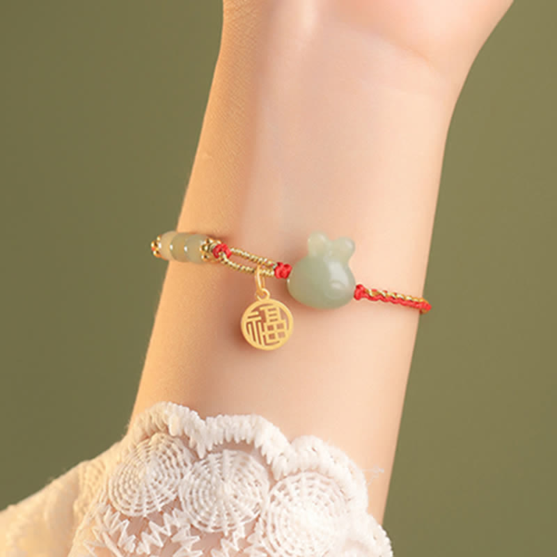Fortune Jewel 925 Sterling Silver Year of the Rabbit Hetian Jade Happiness Luck Red String Bracelet