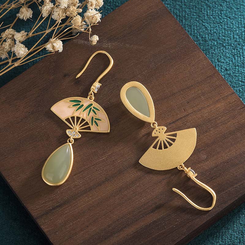 Fortune Jewel Natural Green Aventurine Fan Pattern Luck Drop Earrings
