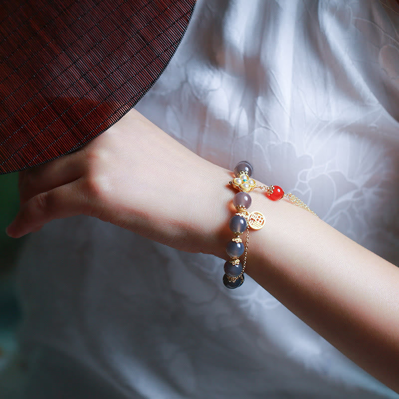 Fortune Jewel Natural Gray Agate Fu Character Pearl Tassel Balance Bracelet