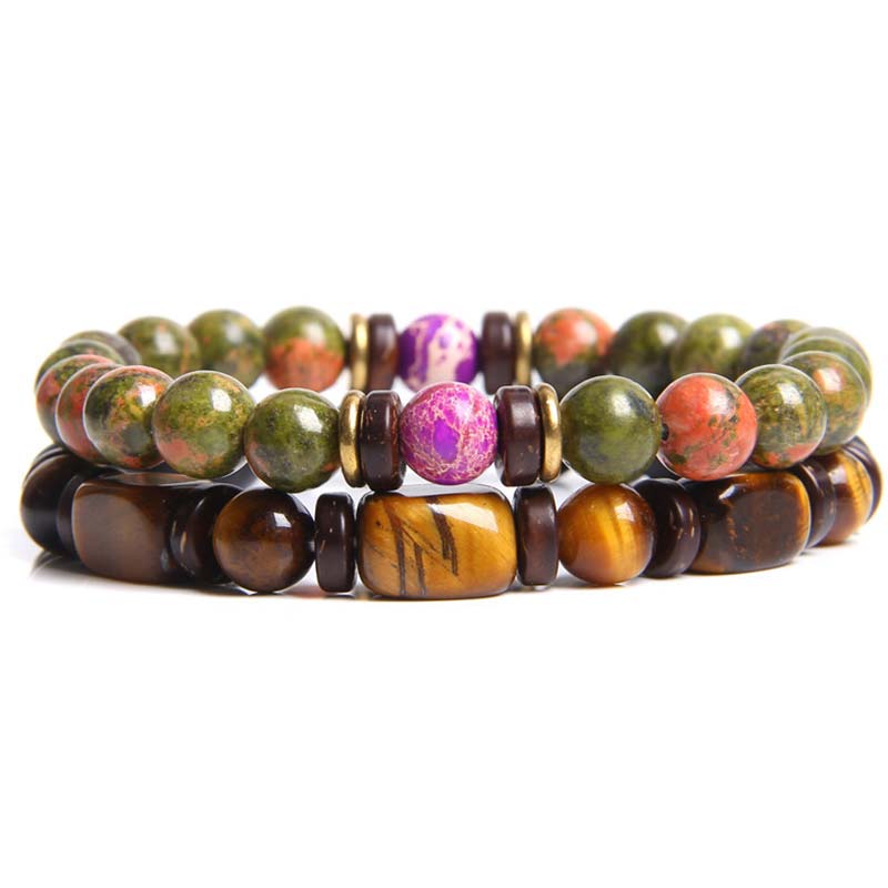 Fortune Jewel 2PCS Healing Crystal Emperor Stone Tiger Eye Bead Bracelet