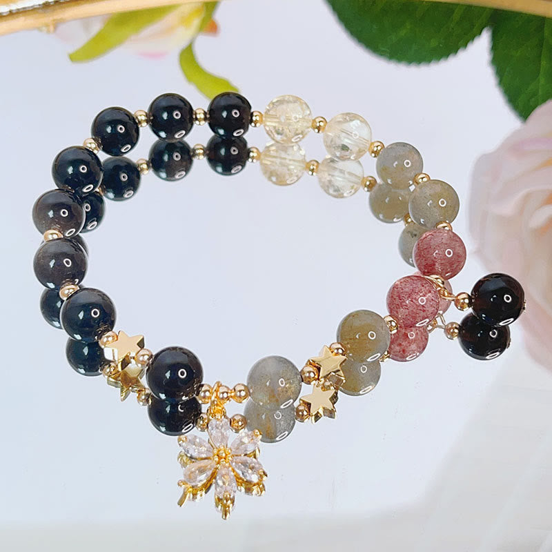 Fortune Jewel Natural Silver Sheen Obsidian Love Heart Star Flower Protection Bracelet