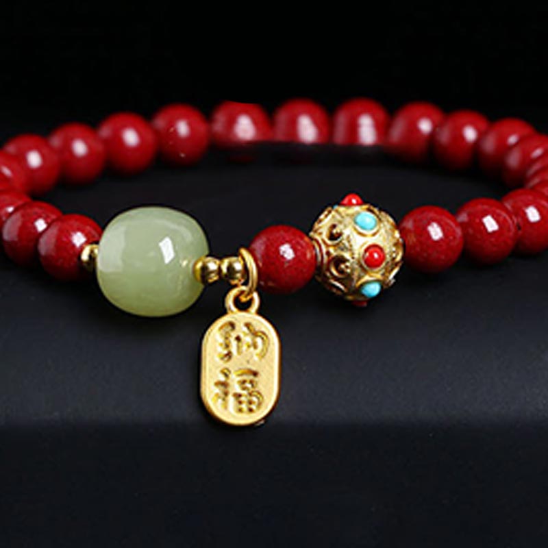 Fortune Jewel Cinnabar Green Aventurine Fortune Protection Charm Bracelet