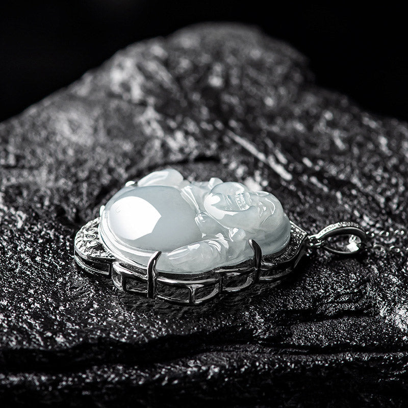 Fortune Jewel Laughing Buddha Natural Jade Abundance Titanium Steel Chain Necklace Pendant Fortune Jewel