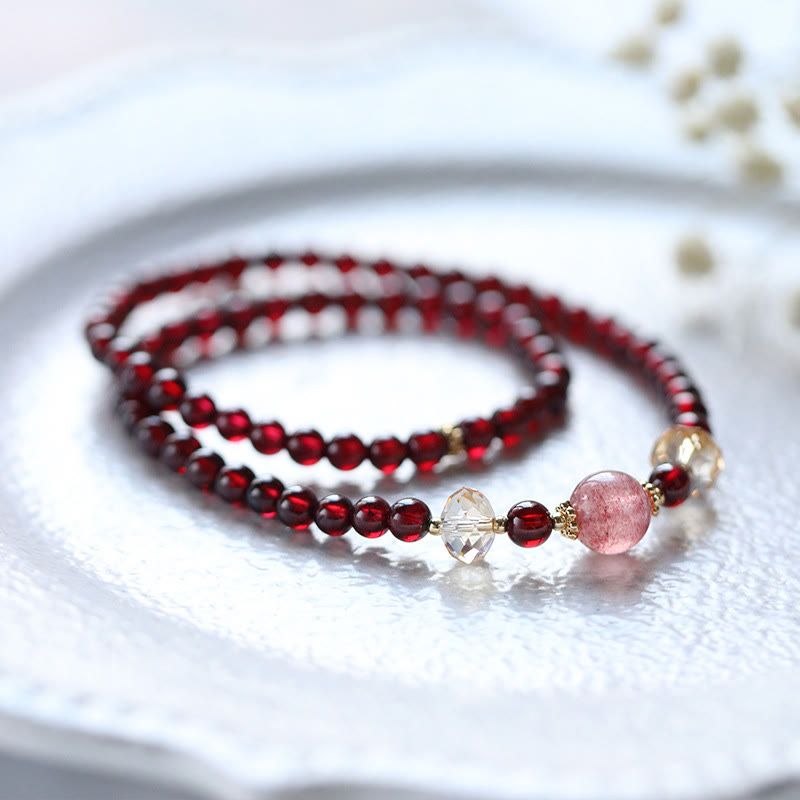 Fortune Jewel 14K Gold Plated Natural Garnet Strawberry Quartz Stability Double Wrap Bracelet