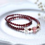 Fortune Jewel 14K Gold Plated Natural Garnet Strawberry Quartz Stability Double Wrap Bracelet