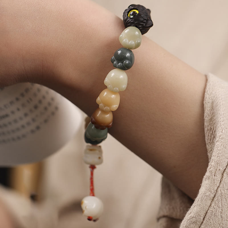 Fortune Jewel Natural Bodhi Seed Lovely Paw Ebony Wood Lucky Cat Wisdom Bracelet