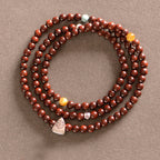 Fortune Jewel 925 Sterling Silver Indian Small Leaf Red Sandalwood Fu Character Protection Triple Wrap Bracelet