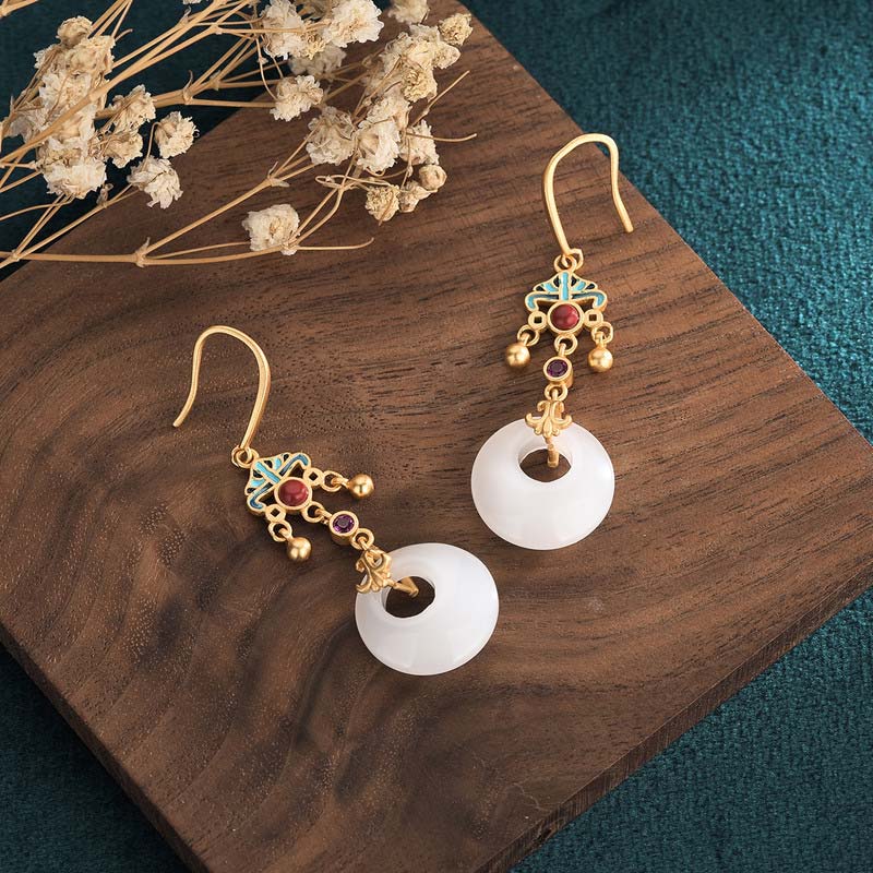 Buddha Stones FengShui White Jade Blessing Drop Earrings