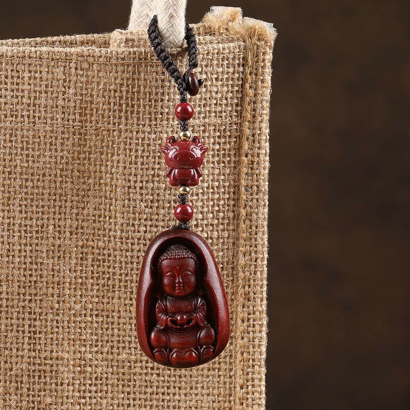Fortune Jewel Small Leaf Red Sandalwood Buddha Cinnabar Chinese Zodiac Amulet Protection Key Chain