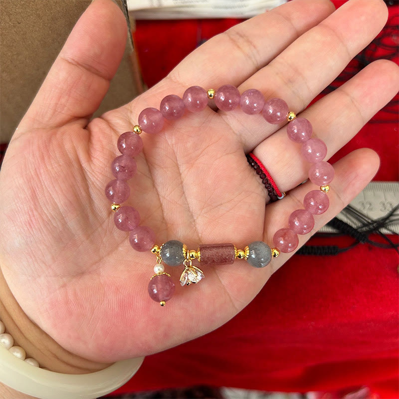 Fortune Jewel Natural Strawberry Quartz Zircon Flower Positive Charm Bracelet