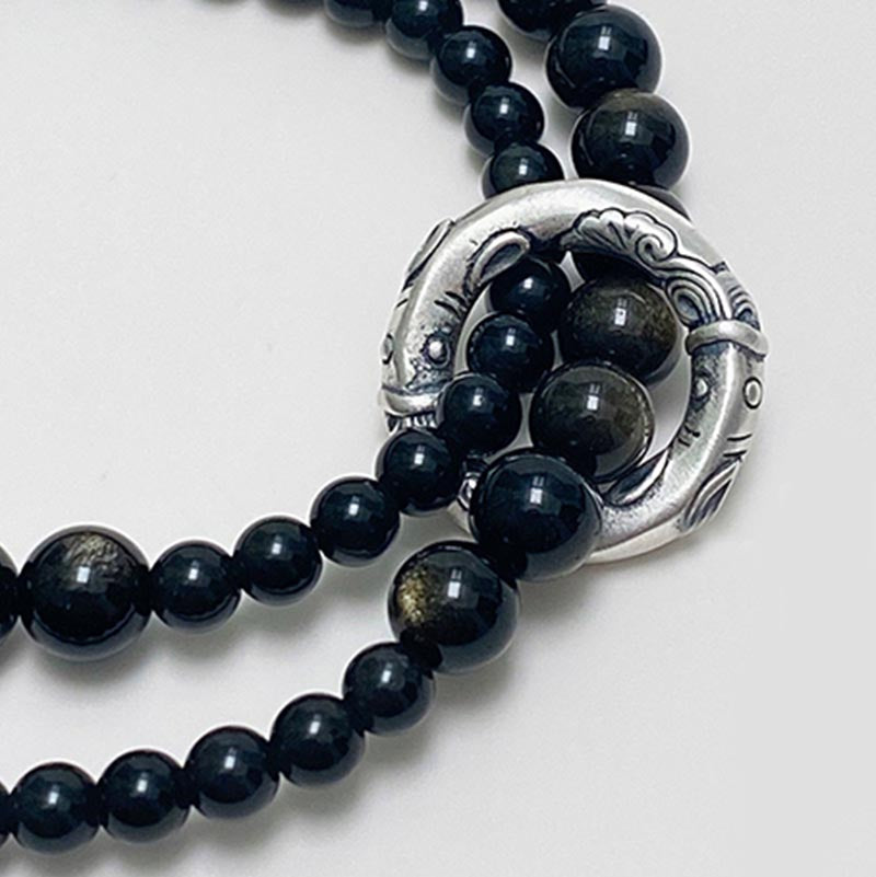 Fortune Jewel 999 Sterling Silver Black Obsidian Fulfillment Strength Double Layer Bracelet