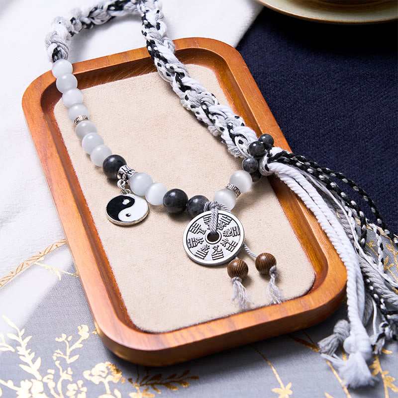 Fortune Jewel Black Glitter Stone Cat's Eye Yin Yang Mountain Ghosts Spend Money Power Double Layer Rope Bracelet